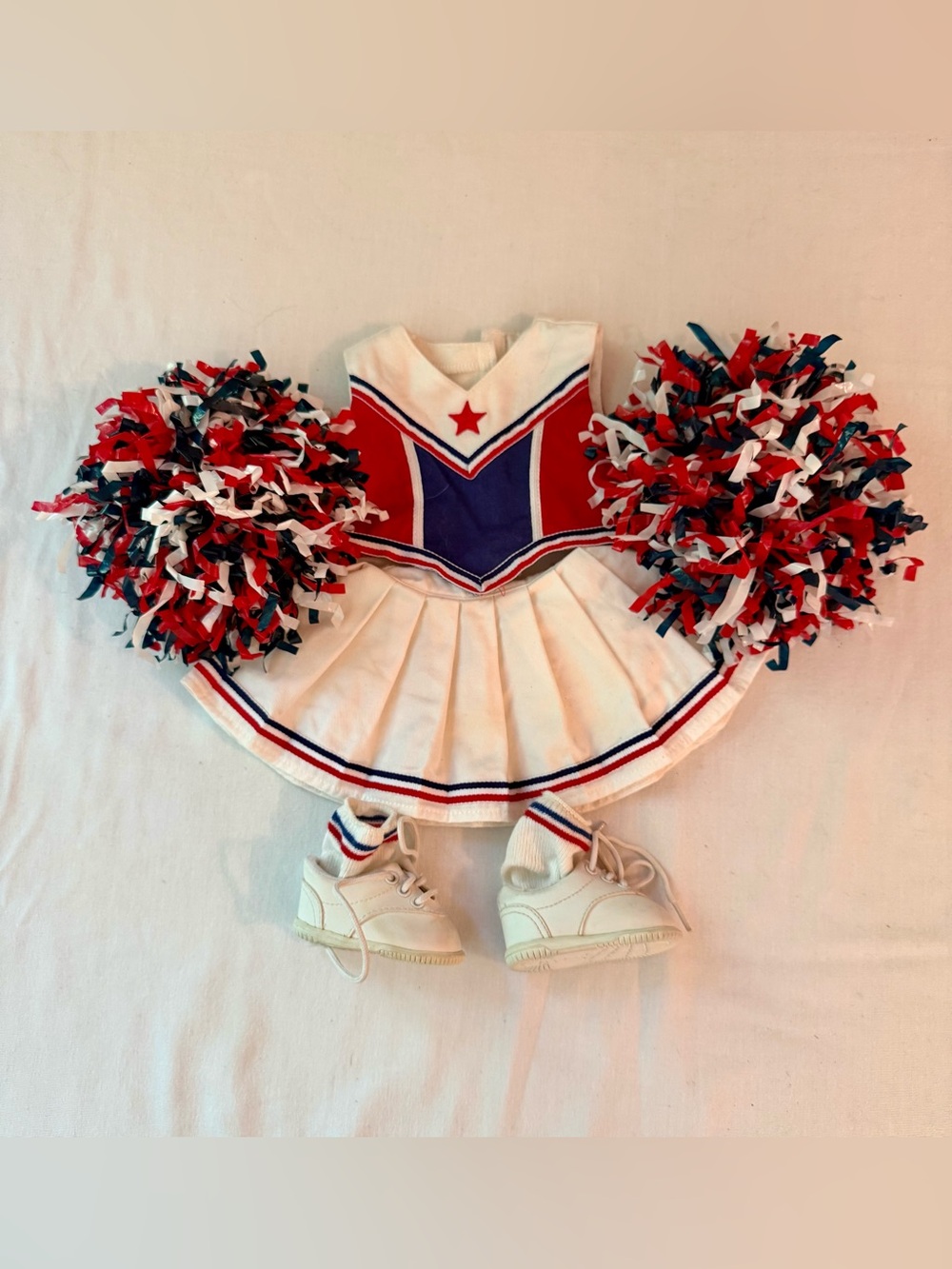 Vintage American Girl Red, White & Blue Cheerleader Outfit with Pom-Poms